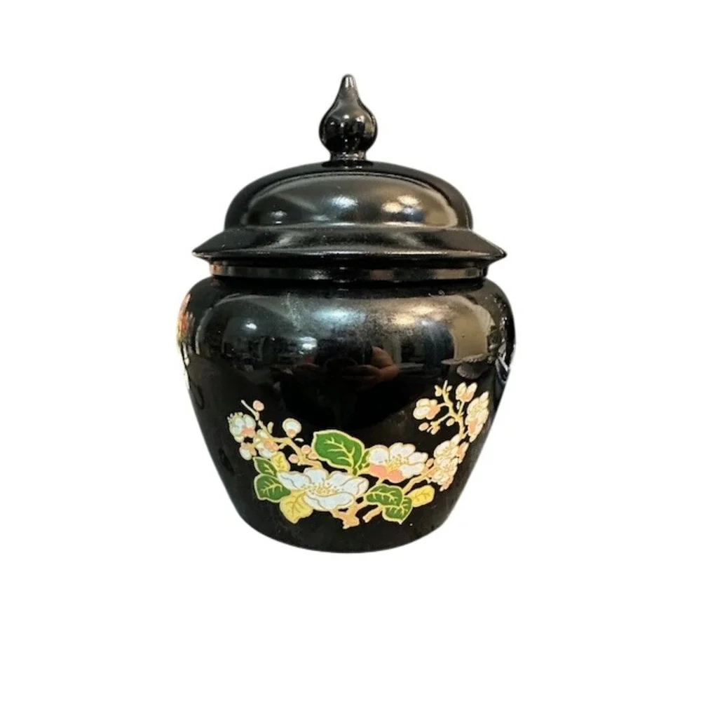 VTG Avon‎ Black Floral Ceramic Ginger Jar with Lid Small Chinoiserie Trinket Pot